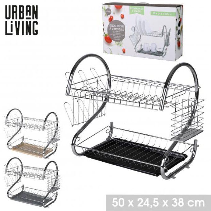 EGOUTTOIR A VAISSELLE AVEC PLATEAU 2 ETAGES  3 COULEURS NOIR/GRIS/TAUPE 