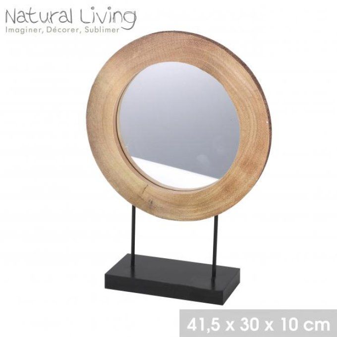 NATURAL LIVING - MIROIR RONDIN DE BOIS AVEC PIED MÉTAL NOIR 