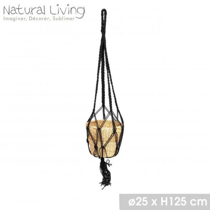 NATURAL LIVING - SUSPENSION MACRAME NOIR ET PORTE PLANTES EN HERBE DE KANS H125CM