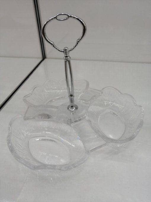 Présentoir apéritif en verre et métal argenté.