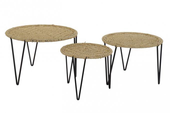 Set de 3 table auxiliaire en métal et corde