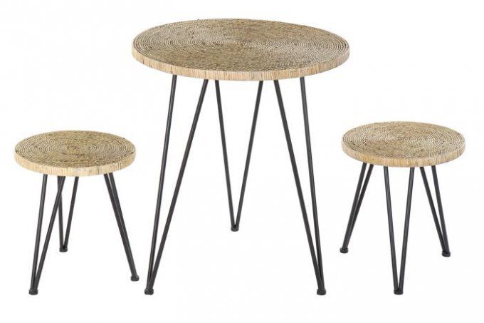 Table en rotin et 2 tabourets 60X60X70 Naturel