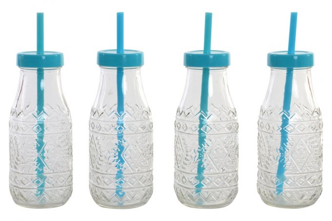 Set de 4 bouteilles en verre avec paille